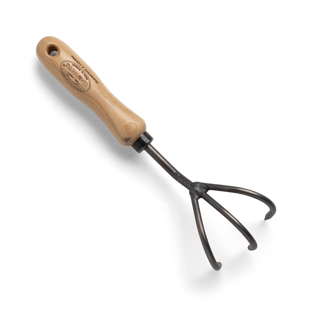 Hand-forged steel 3-tine cultivator with a light ash hardwood handle, 10"L x 2.5"W.