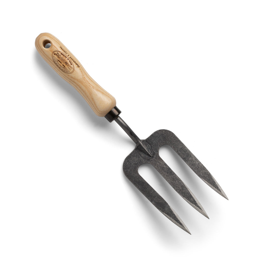 Hand-forged steel 3-tine cultivator with a light ash hardwood handle, 10"L x 2.5"W.