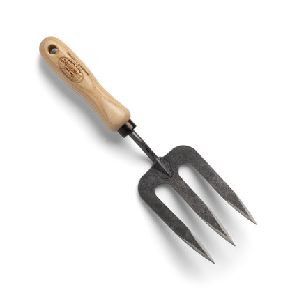 Hand-forged steel 3-tine cultivator with a light ash hardwood handle, 10"L x 2.5"W.