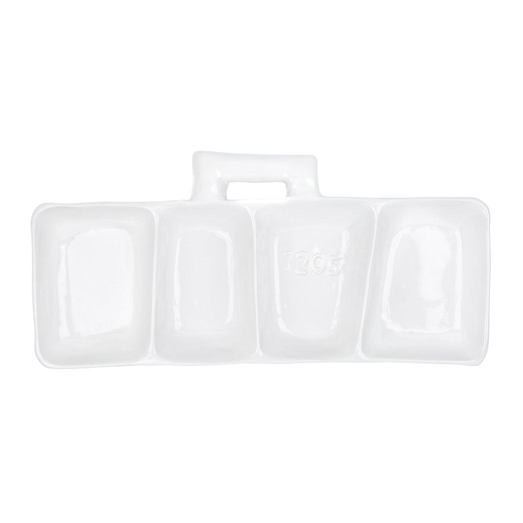 Creamy white handmade ceramic appetizer platform by Montes Doggett, with four sections and a handle.