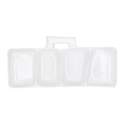 Creamy white handmade ceramic appetizer platform by Montes Doggett, with four sections and a handle.