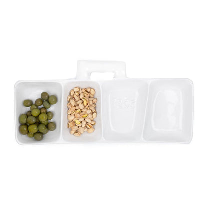 Handmade Montes Doggett ceramic appetizer platform, creamy white, 4 sections, with handle, holding olives and pistachios.