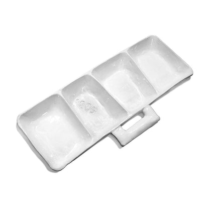 Handmade Montes Doggett creamy white ceramic appetizer platform with four sections and a handle, engraved "1205.