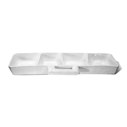 Handmade Montes Doggett ceramic appetizer platform, creamy white, organic shape, four sections, with handle.