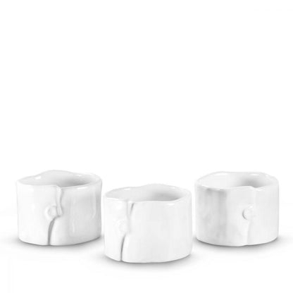 Set of 3 handmade creamy white ceramic ramequins with organic shapes and unique button-like details.