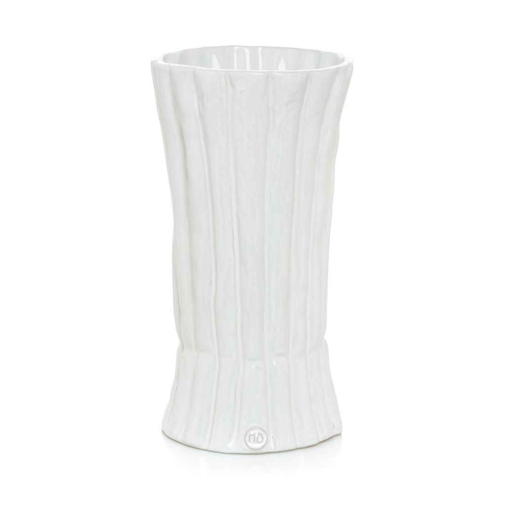 Handmade Montes Doggett ceramic vase, creamy white glaze, textured vertical ridges, 11.5"H.