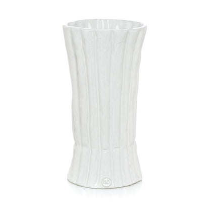 Handmade Montes Doggett ceramic vase, creamy white glaze, textured vertical ridges, 11.5"H.