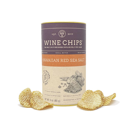 Wine Chips Hawaiian Red Sea Salt 3oz canister with lattice-cut potato chips.