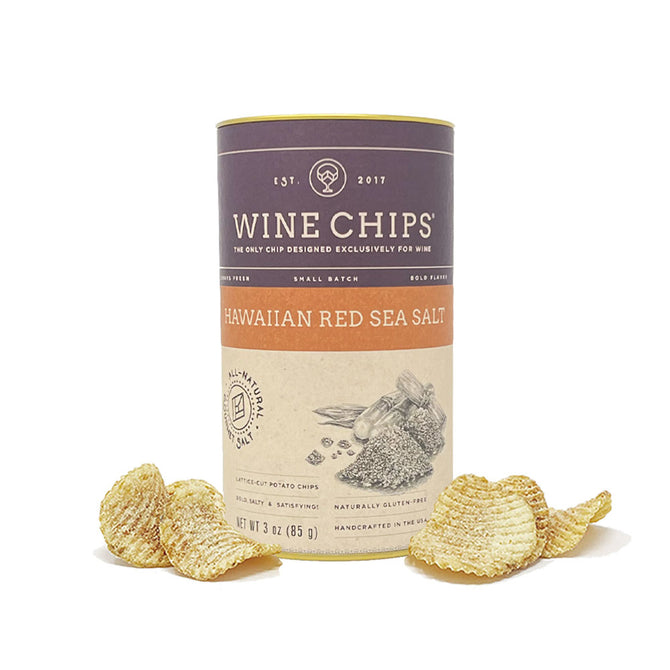Wine Chips Hawaiian Red Sea Salt 3oz canister with lattice-cut potato chips.