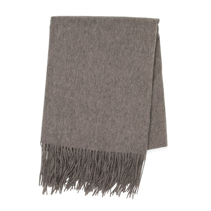 Heather grey cashmere throw blanket, folded, with classic fringe.