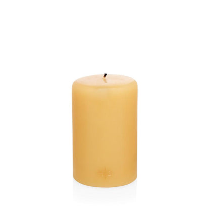 HG Amber Unscented Pillar Candle, 4"x6", hand-dipped paraffin with gold HG logo.