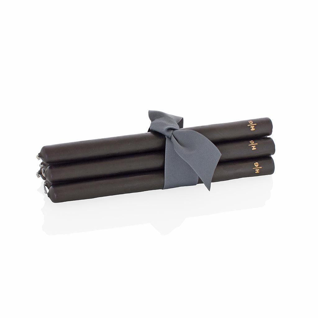 HG Black Unscented 10" Taper Candle Bundle, Set of 5, tied with a gray ribbon, with gold HG logo.