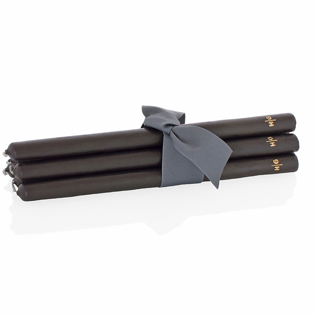 Set of 5 HG Black Unscented 17" Taper Candles, hand-dipped paraffin with gold HG logo, tied with gray ribbon.