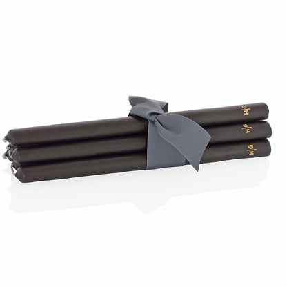 Set of 5 HG Black Unscented 17" Taper Candles, hand-dipped paraffin with gold HG logo, tied with gray ribbon.