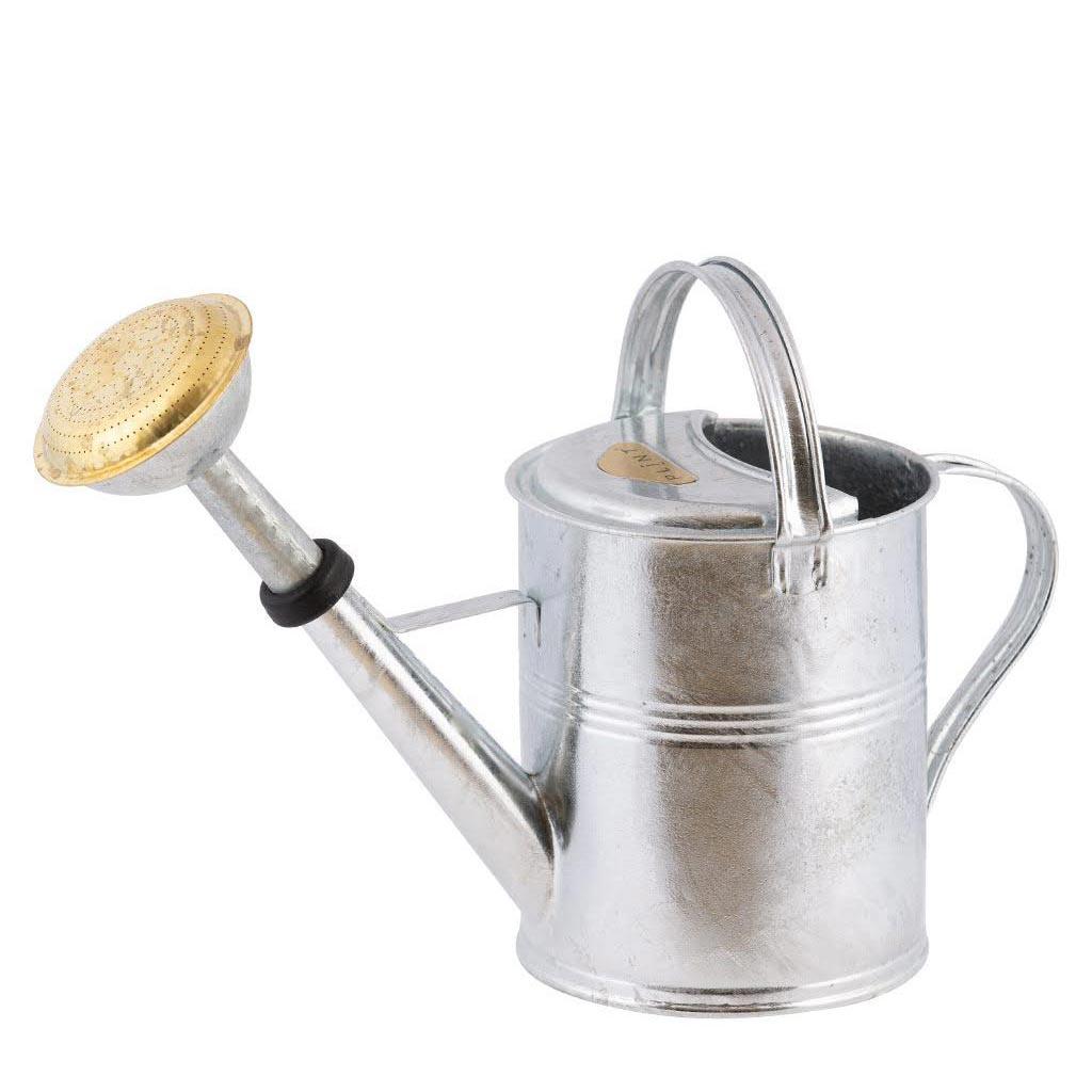 HG Garden 9-liter galvanized watering can with a silver body and brass-colored rose.