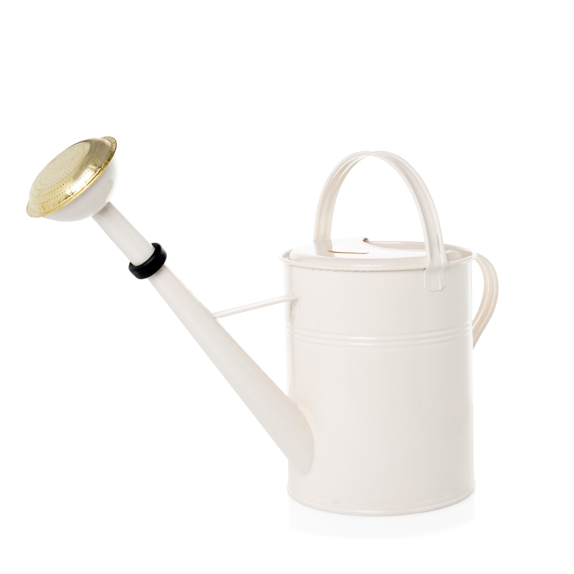 White 9-liter galvanized zinc watering can with a long spout and gold-colored rose.