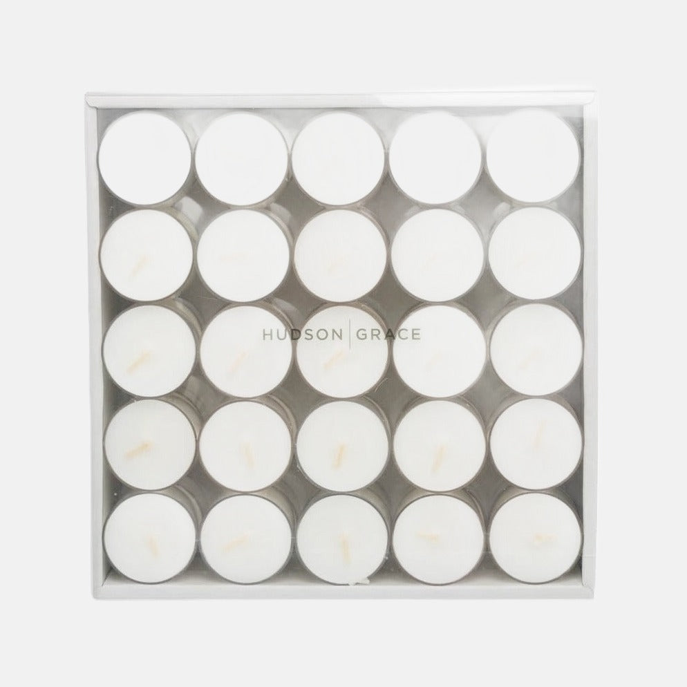 Set of 25 white unscented tealights in clear plastic cups, packaged in a clear box.