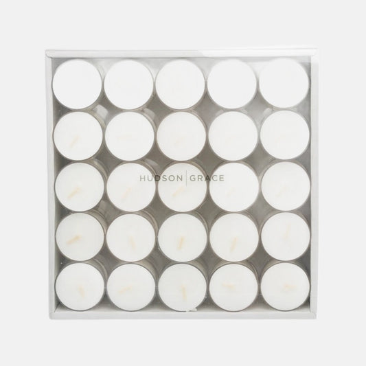 Set of 25 white unscented tealights in clear plastic cups, packaged in a clear box.
