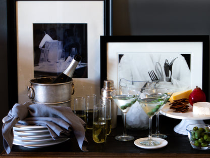 Elegant Hudson Grace bar with stemless flutes, martini glasses, and ice buckets