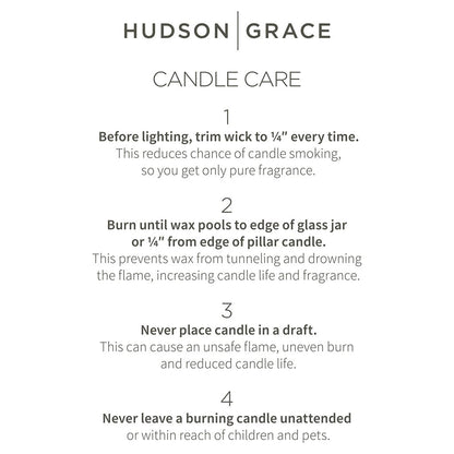 Hudson Grace Montauk Scented 3-Wick Candle care instructions on a white background.