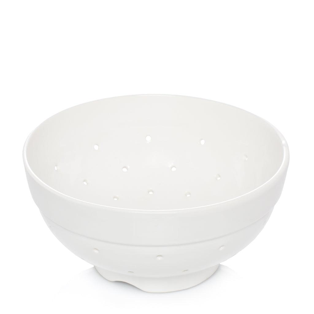 Hudson Grace white ceramic colander, 9.5"Dia x 5"H, with drainage holes.