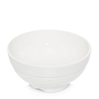 Hudson Grace white ceramic colander, 9.5"Dia x 5"H, with drainage holes.