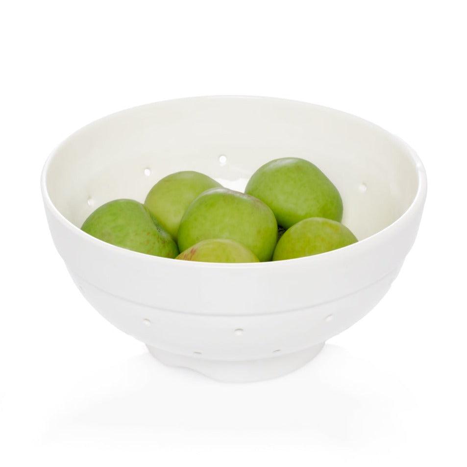 Hudson Grace white ceramic colander with green apples, 9.5"Dia x 5"H, vintage-inspired design.