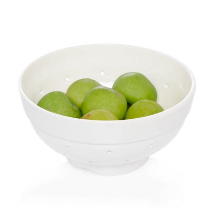 Hudson Grace white ceramic colander with green apples, 9.5"Dia x 5"H, vintage-inspired design.
