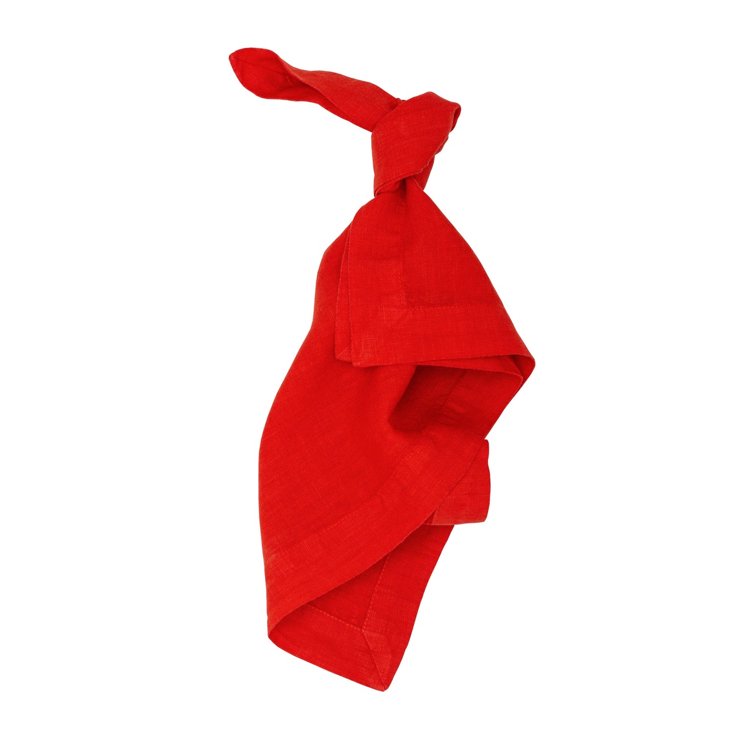 International Orange HG Signature hand-dyed linen napkin, knotted, with mitered corners.