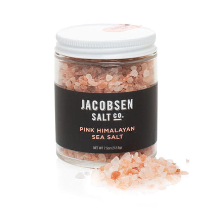 Jacobsen Salt Co. 7.5oz glass jar of pink Himalayan sea salt with a white lid and black label.