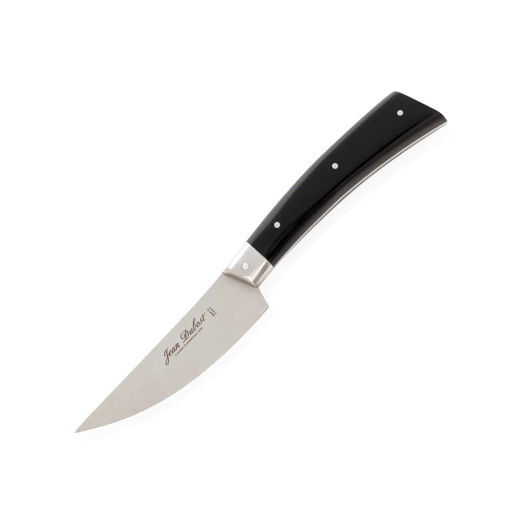 Jean Dubost Black Handled Steak Knife, 9"L, with stainless steel blade and three rivets.