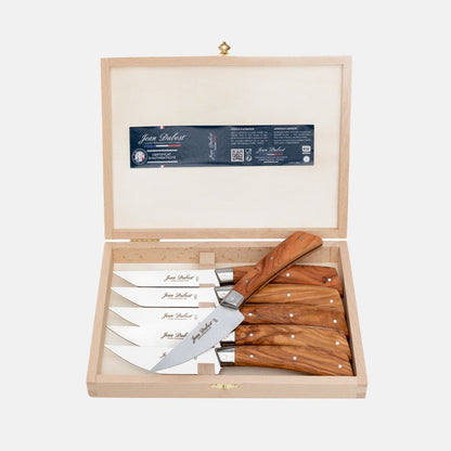 Jean Dubost Laguiole olive wood steak knives, set of 6, in a light wooden gift box.