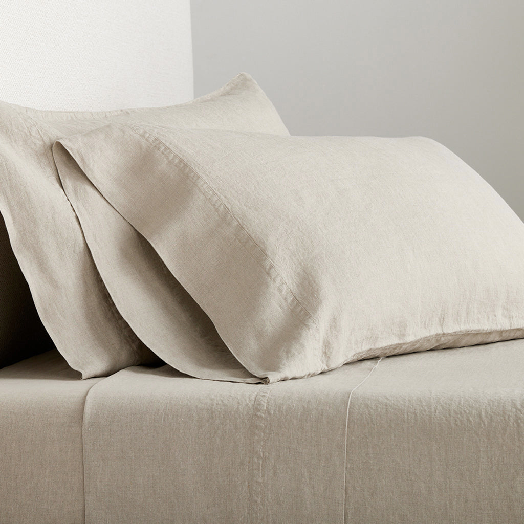 Khaki Washed-Linen Sheet Set with two pillowcases, showing the medium-weight, casually relaxed fabric.