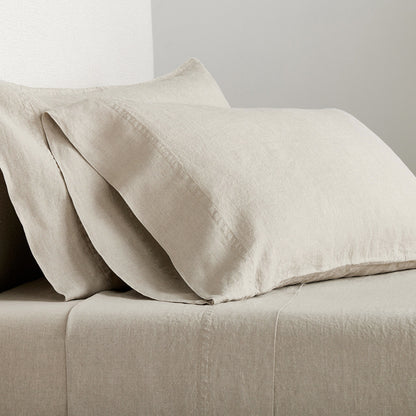 Khaki Washed-Linen Sheet Set with two pillowcases, showing the medium-weight, casually relaxed fabric.