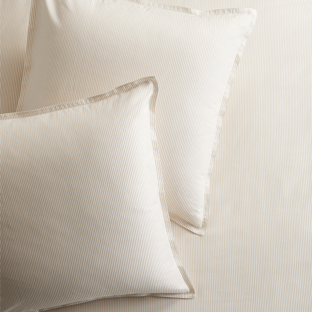 Khaki Stripe Cotton-Chambray Pillow Shams, set of 2, with thin stripes and 2” flange.