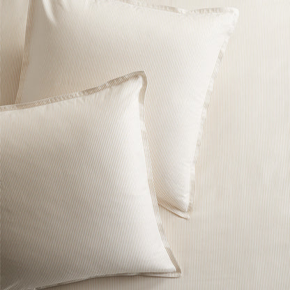 Khaki Stripe Cotton-Chambray Pillow Shams, set of 2, with thin stripes and 2” flange.