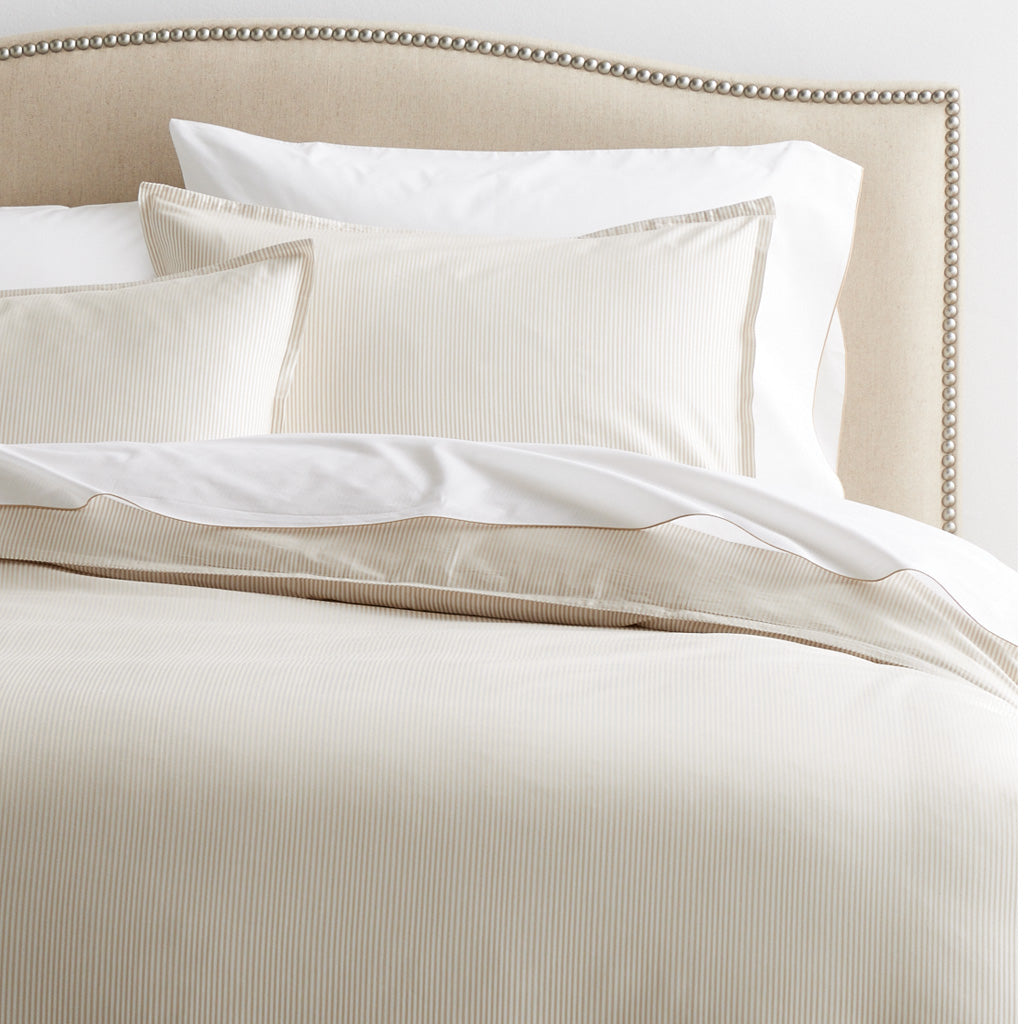 Khaki Stripe Cotton-Chambray Pillow Shams, set of 2, with thin stripes and 2" flanged edges.