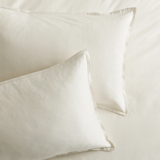 Khaki Stripe Cotton-Chambray Pillow Shams, set of 2, with thin stripes and a 2” flange.