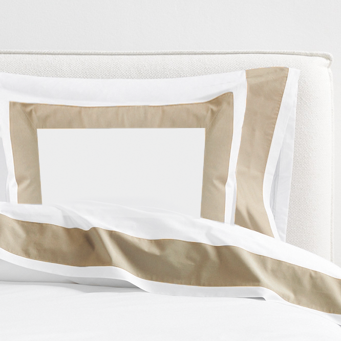 Khaki Wide-Band Percale Pillow Sham, 500-thread-count cotton with a 4” appliqued band.