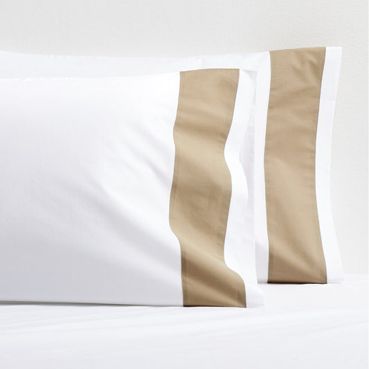 Set of 2 Khaki Wide-Band Percale Pillowcases, white with a 4" khaki appliqued band.