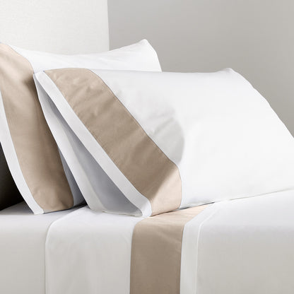 Khaki Wide-Band Percale Sheet Set: white cotton percale sheets with a 4-inch khaki band.