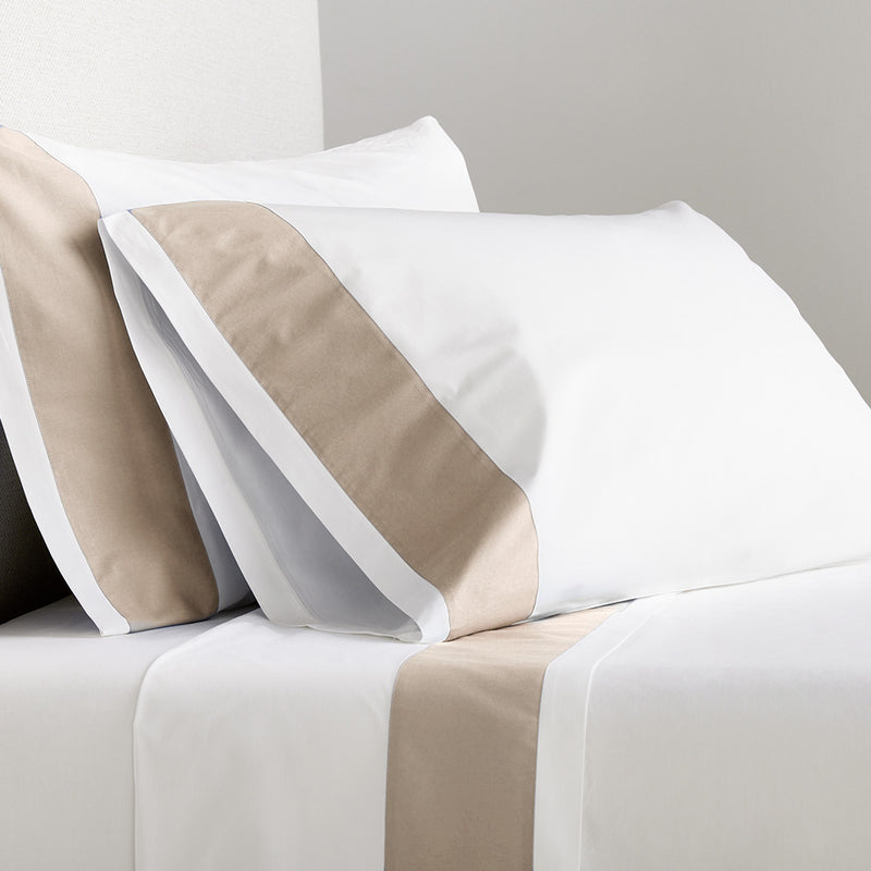 Khaki Wide-Band Percale Sheet Set: white cotton percale sheets with a 4-inch khaki band.