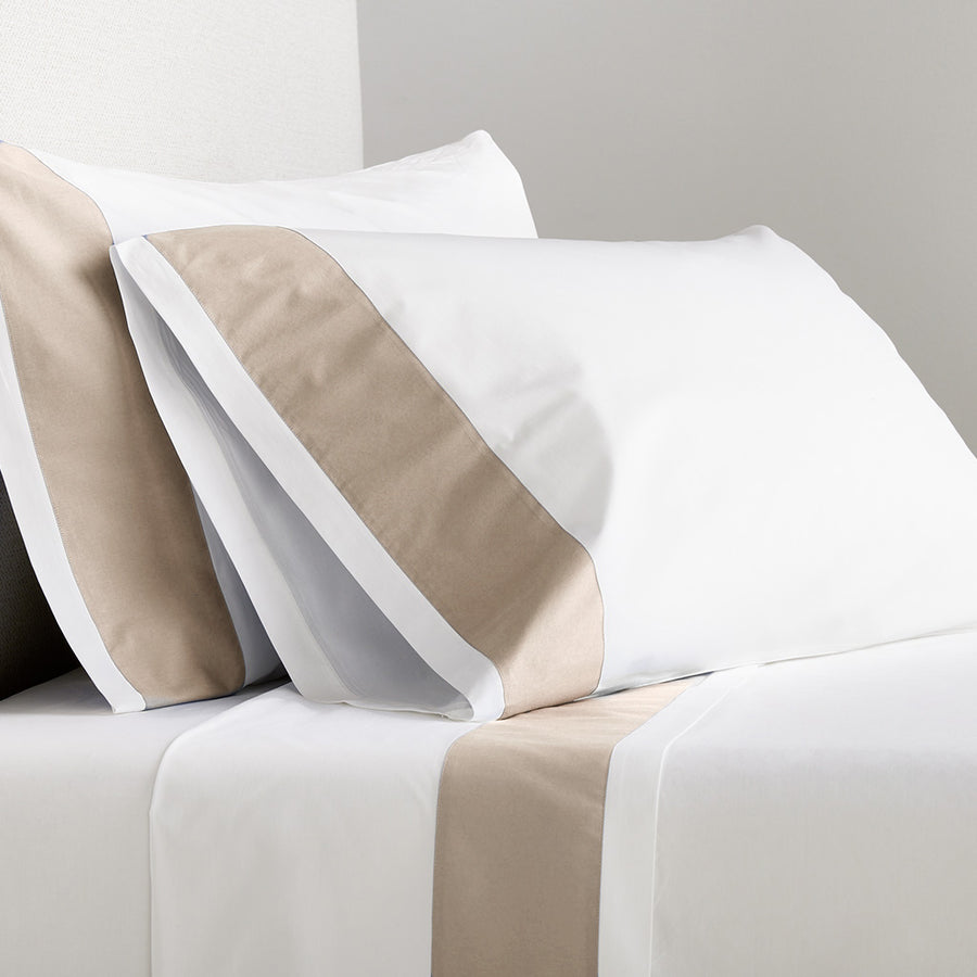 Khaki Wide-Band Percale Sheet Set: white cotton percale sheets with a 4-inch khaki band.