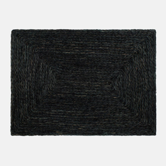 Black abaca woven rectangular placemat with a concentric square design.