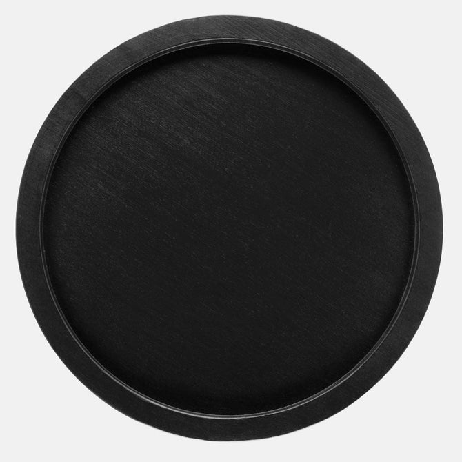 Large round black reclaimed pine wood serving tray with raised rim.