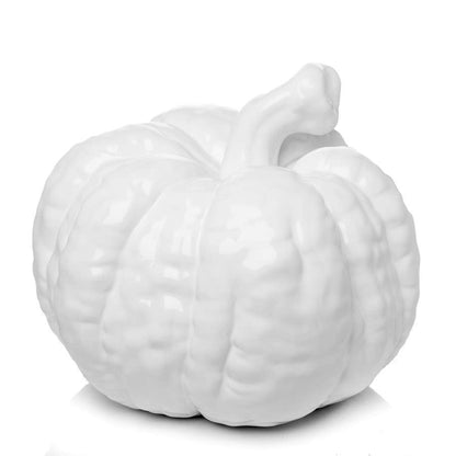Large matte white ceramic pumpkin, 12"H x 10"Dia, with a smooth finish and curved stem.