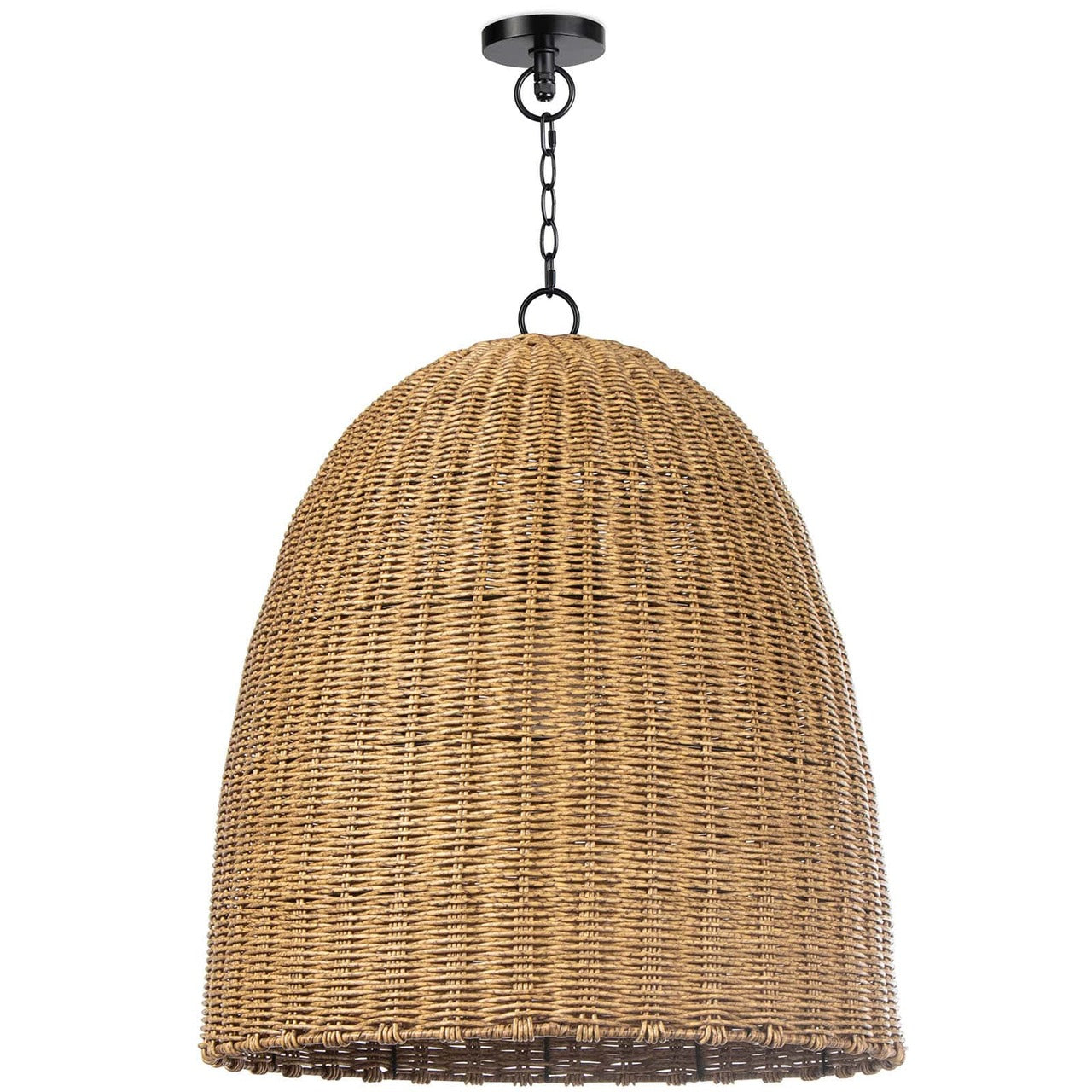 Large outdoor beehive pendant light with a dome-shaped, natural rattan-like woven shade and black chain.