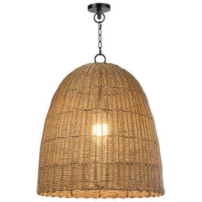 Large outdoor beehive pendant light with a dome-shaped rattan shade and black chain.