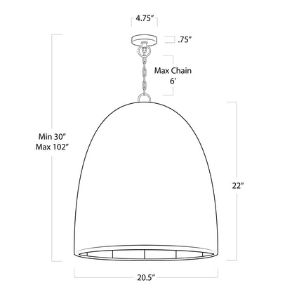 Line drawing of a dome-shaped outdoor beehive pendant light with dimensions: 20.5"Dia x 22"H, adjustable chain.