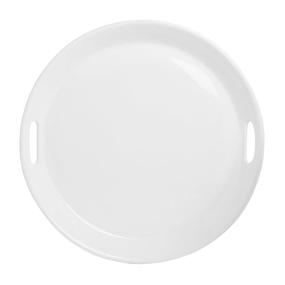 Large round creamy white ceramic serving tray with integrated handles.